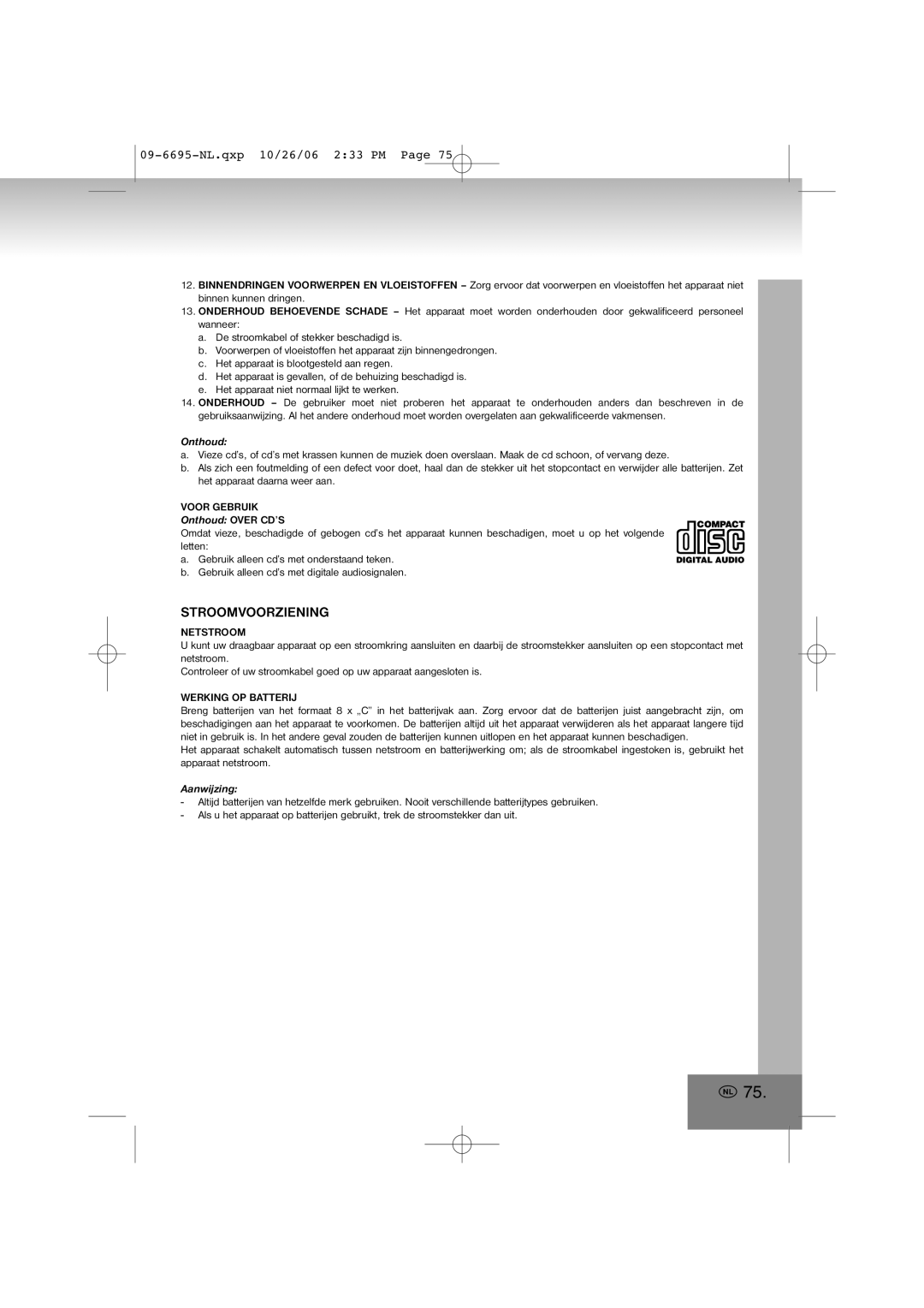 Elta manual Stroomvoorziening, 09-6695-NL.qxp10/26/06 2 33 PM Page, Onthoud OVER CD’S, Aanwijzing 