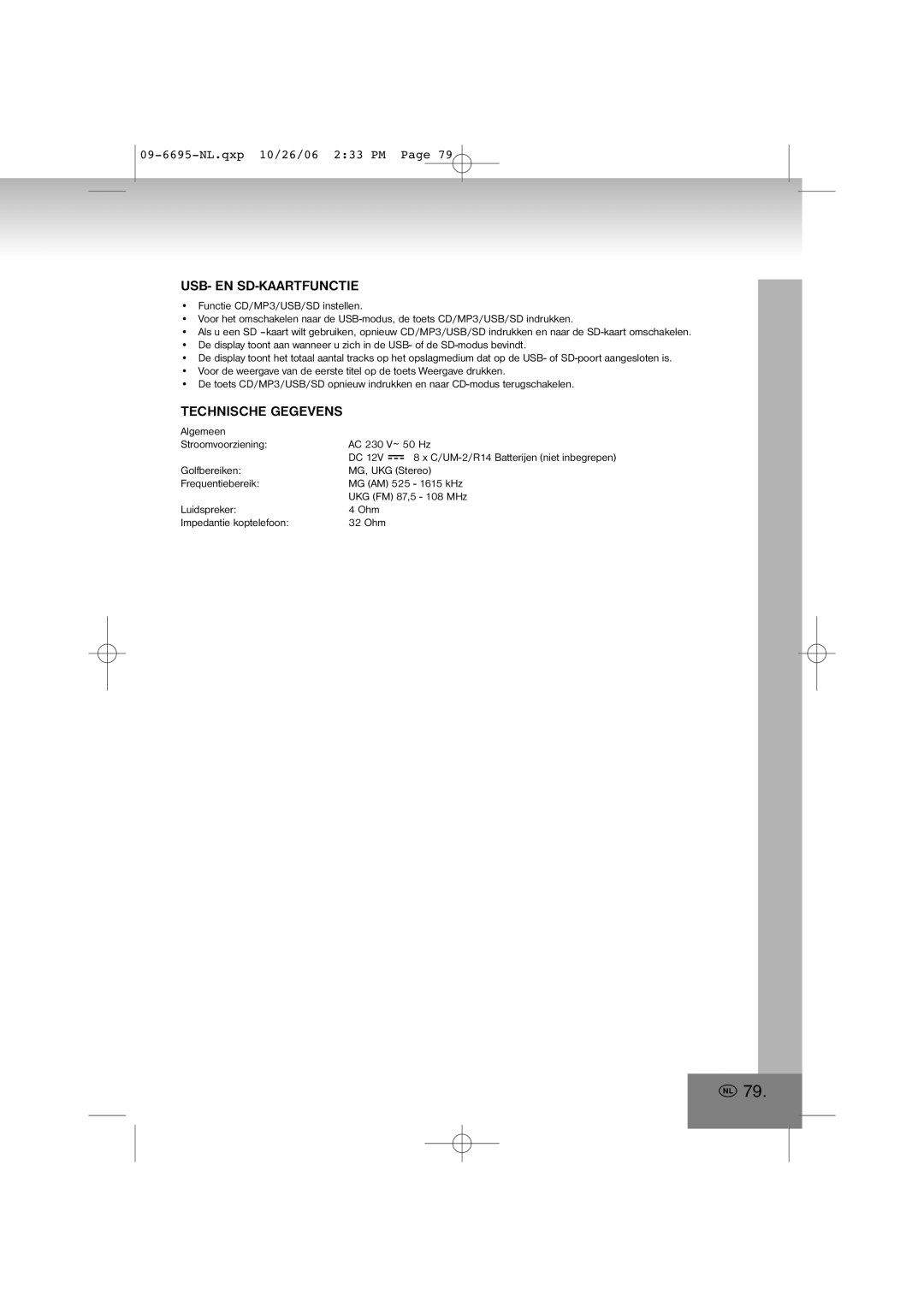Elta manual Usb- En Sd-Kaartfunctie, Technische Gegevens, 09-6695-NL.qxp10/26/06 2 33 PM Page 