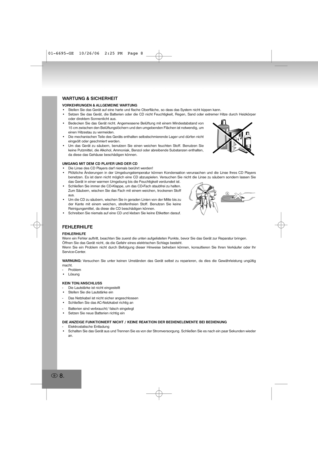 Elta manual Wartung & Sicherheit, Fehlerhilfe, 01-6695-GE10/26/06 2 25 PM Page 