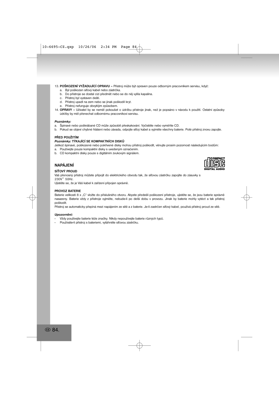 Elta manual Napájení, 10-6695-CZ.qxp10/26/06 2 34 PM Page, Poznámky, Upozornění 