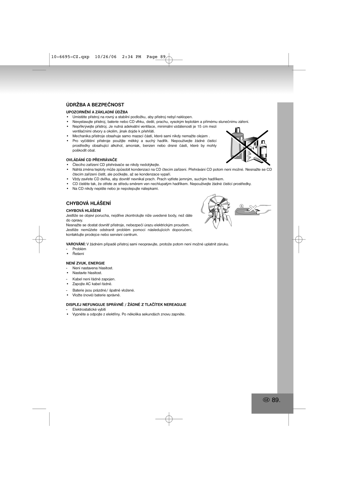 Elta manual Údržba A Bezpečnost, Chybová Hlášení, 10-6695-CZ.qxp10/26/06 2 34 PM Page 