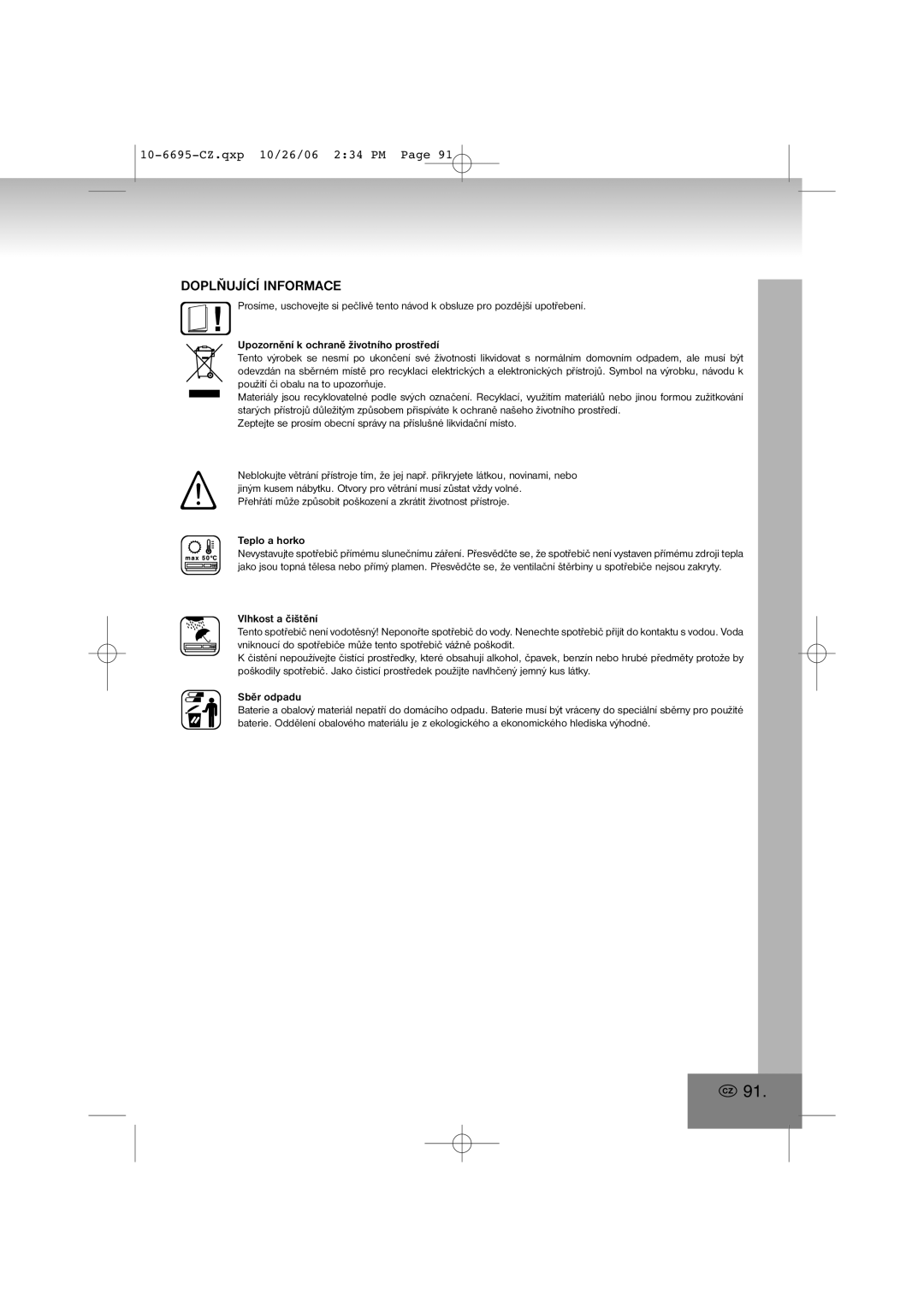 Elta manual Doplňující Informace, 10-6695-CZ.qxp10/26/06 2 34 PM Page, Upozornění k ochraně životního prostředí 