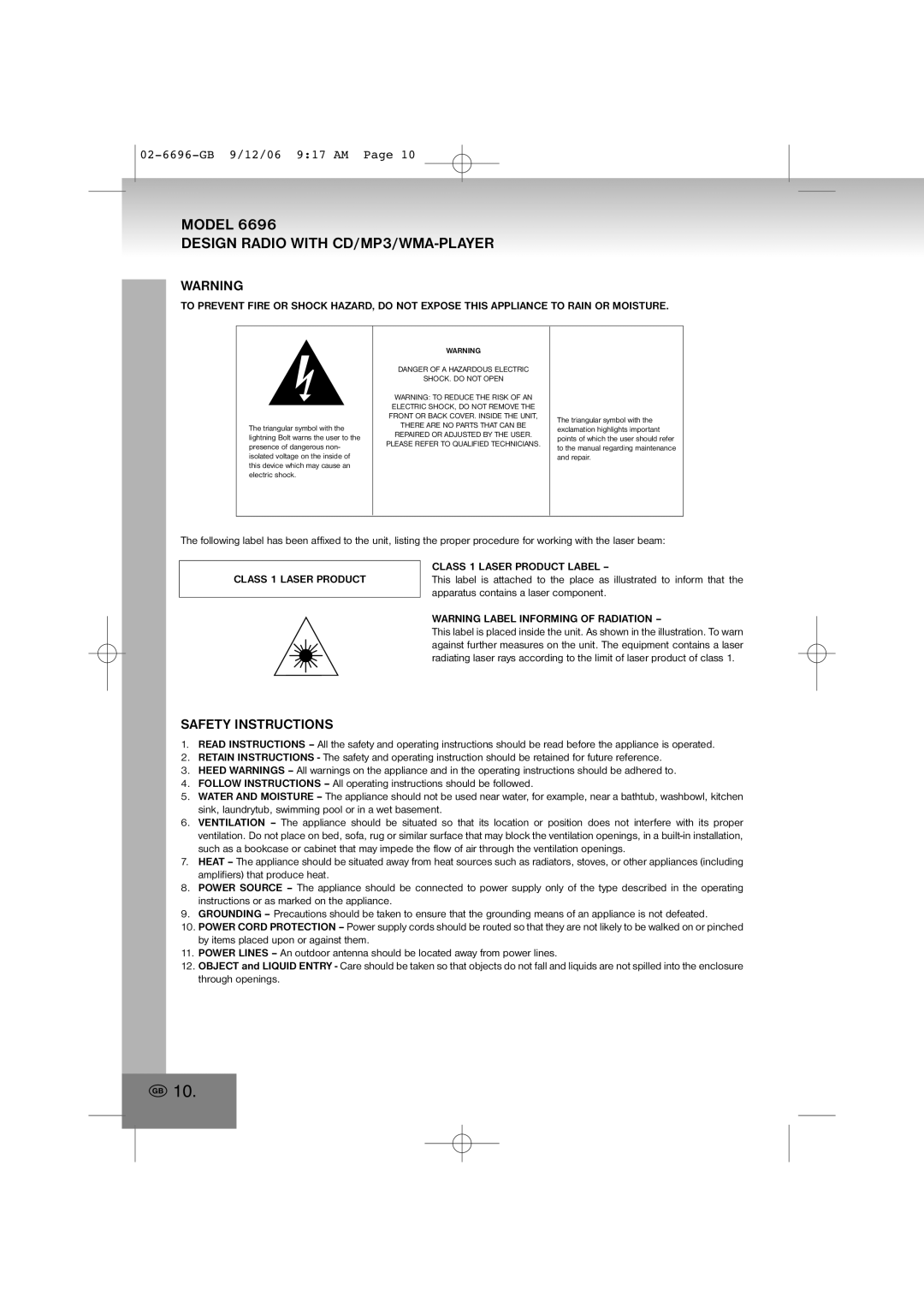 Elta 6696 manual Design Radio with CD/MP3/WMA-PLAYER, Safety Instructions, Class 1 Laser Product Label 