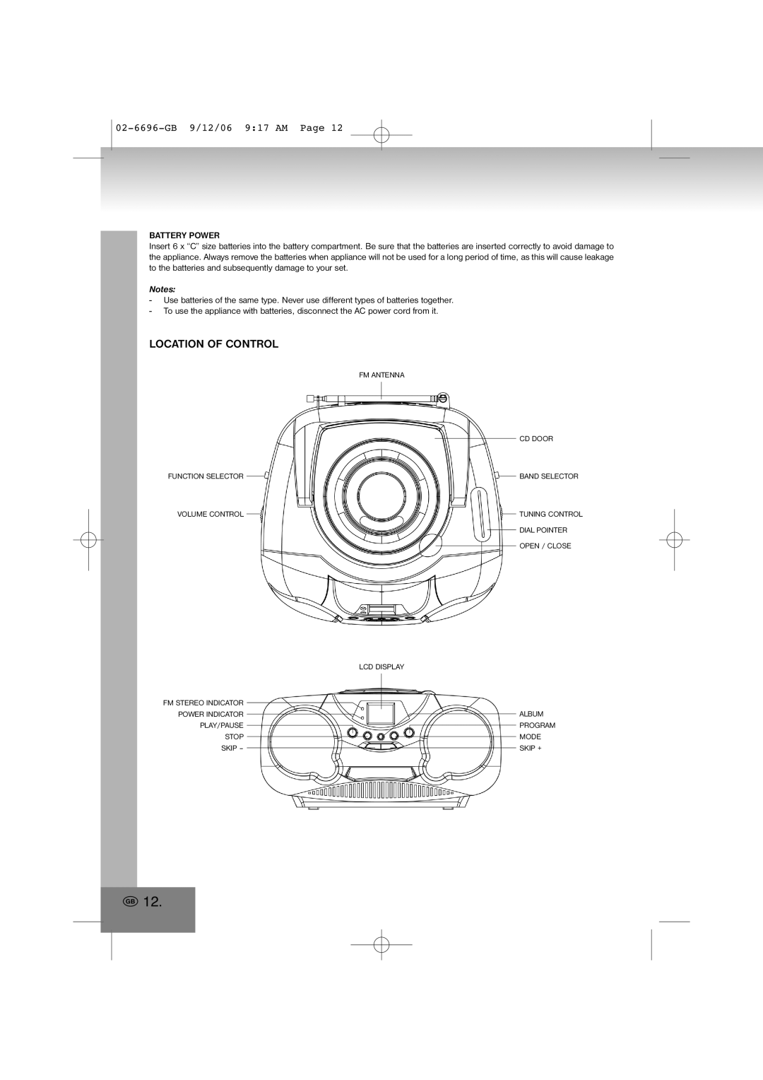 Elta 6696 manual Location of Control, Battery Power 