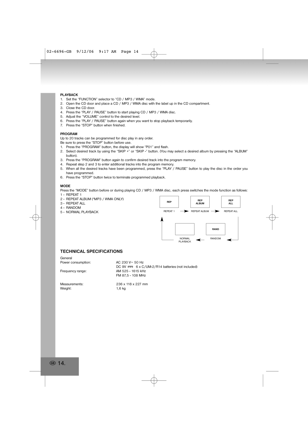 Elta 6696 manual Technical Specifications 