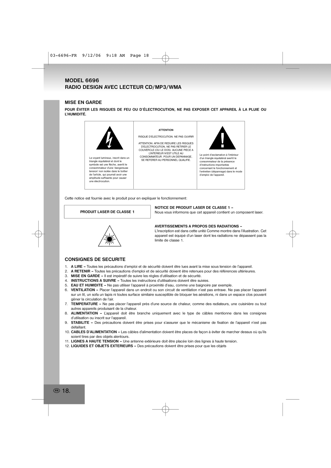 Elta 6696 manual Radio Design Avec Lecteur CD/MP3/WMA, Mise EN Garde, Consignes DE Securite, Produit Laser DE Classe 