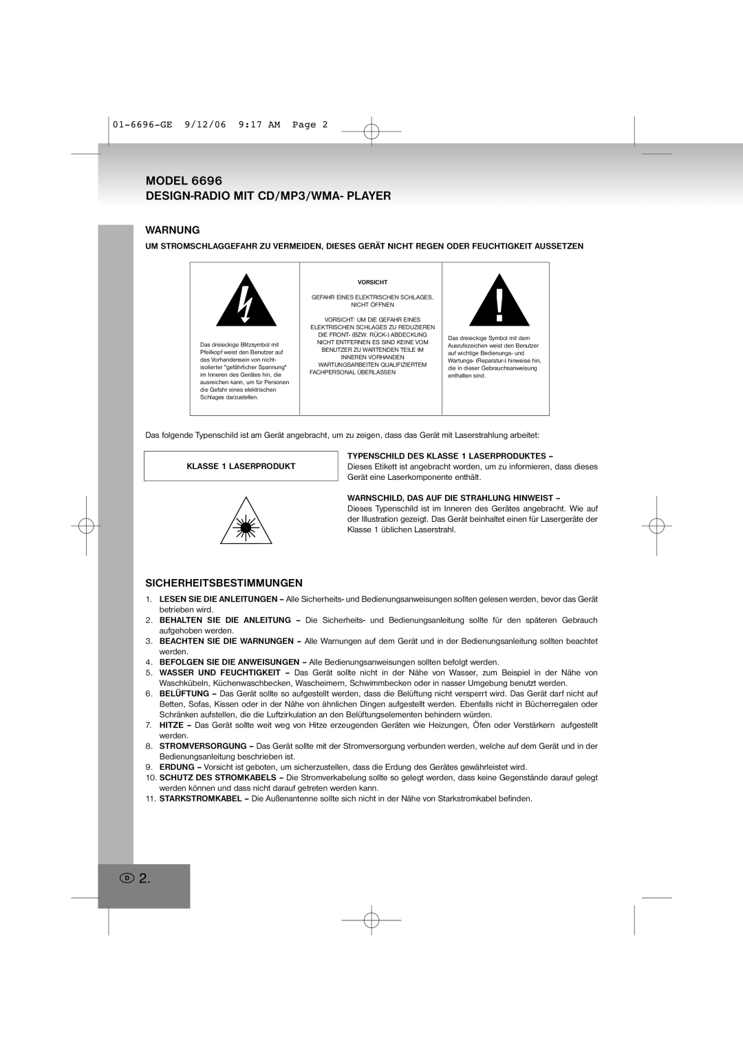 Elta 6696 manual DESIGN-RADIO MIT CD/MP3/WMA- Player, Warnung, Sicherheitsbestimmungen 