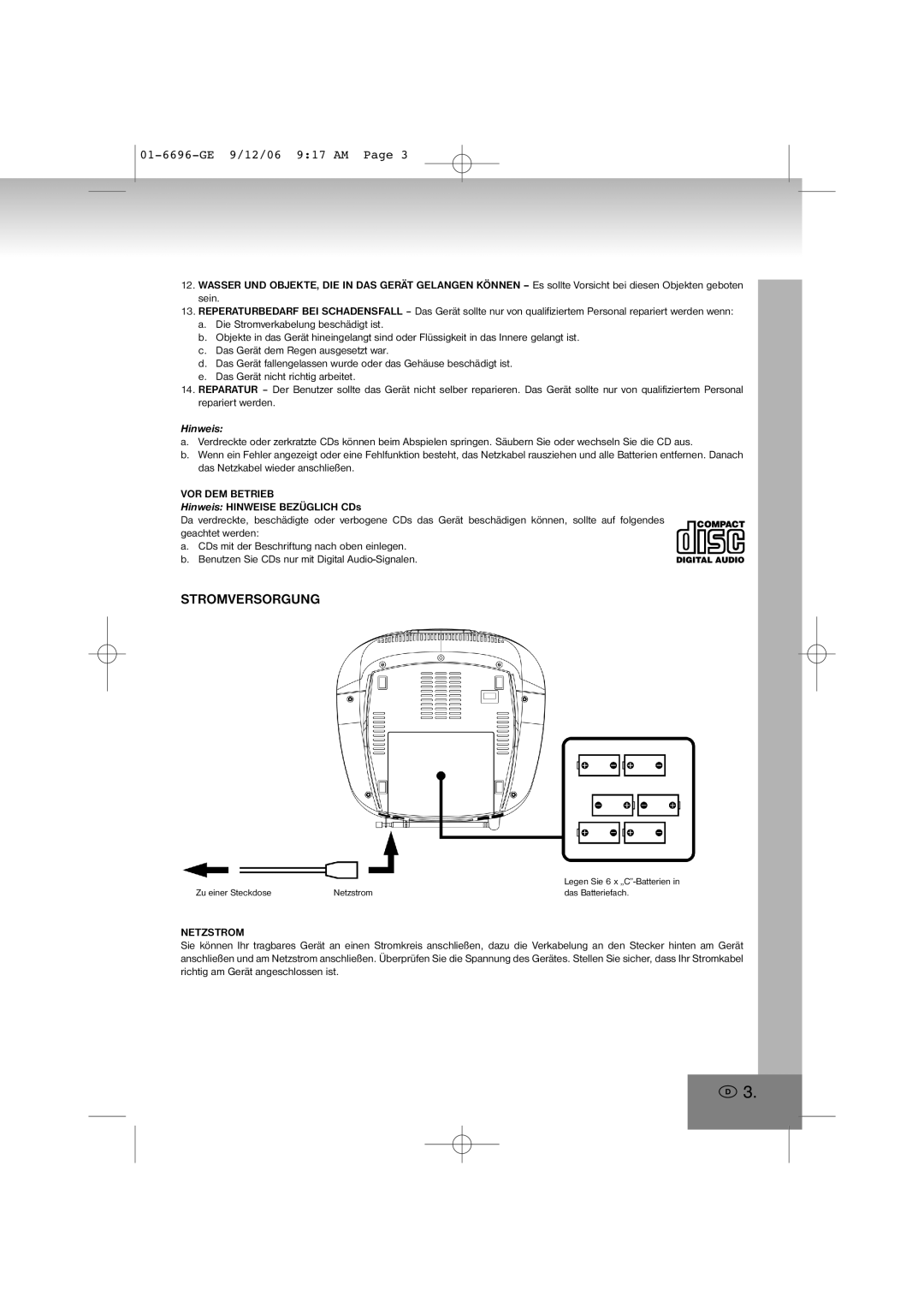 Elta 6696 manual Stromversorgung, VOR DEM Betrieb, Netzstrom 