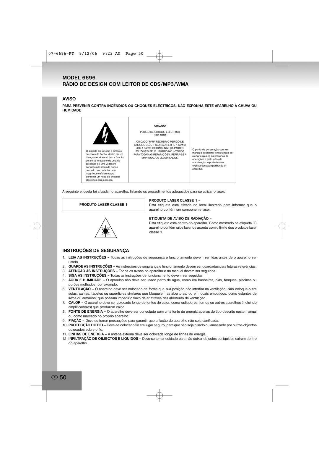 Elta 6696 manual Rádio DE Design COM Leitor DE CDS/MP3/WMA, Aviso, Instruções DE Segurança, Produto Laser Classe 