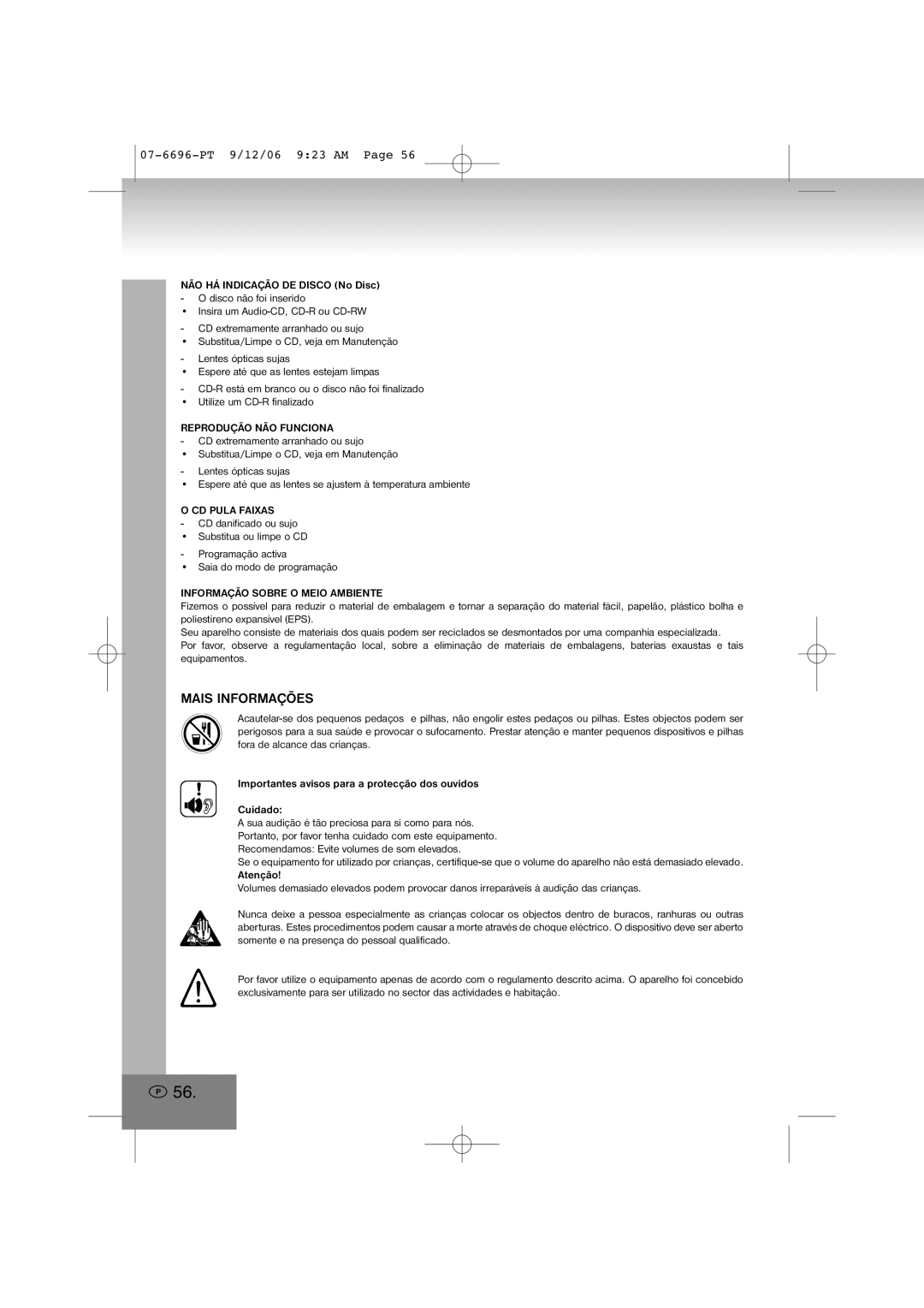 Elta 6696 manual Mais Informações, Reprodução NÃO Funciona, CD Pula Faixas, Informação Sobre O Meio Ambiente 