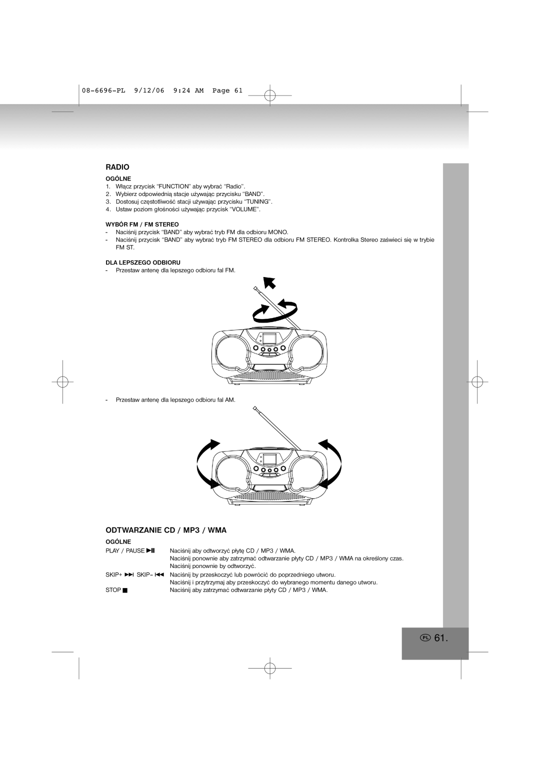 Elta 6696 manual Radio, Odtwarzanie CD / MP3 / WMA, Ogólne, Wybór FM / FM Stereo, DLA Lepszego Odbioru 