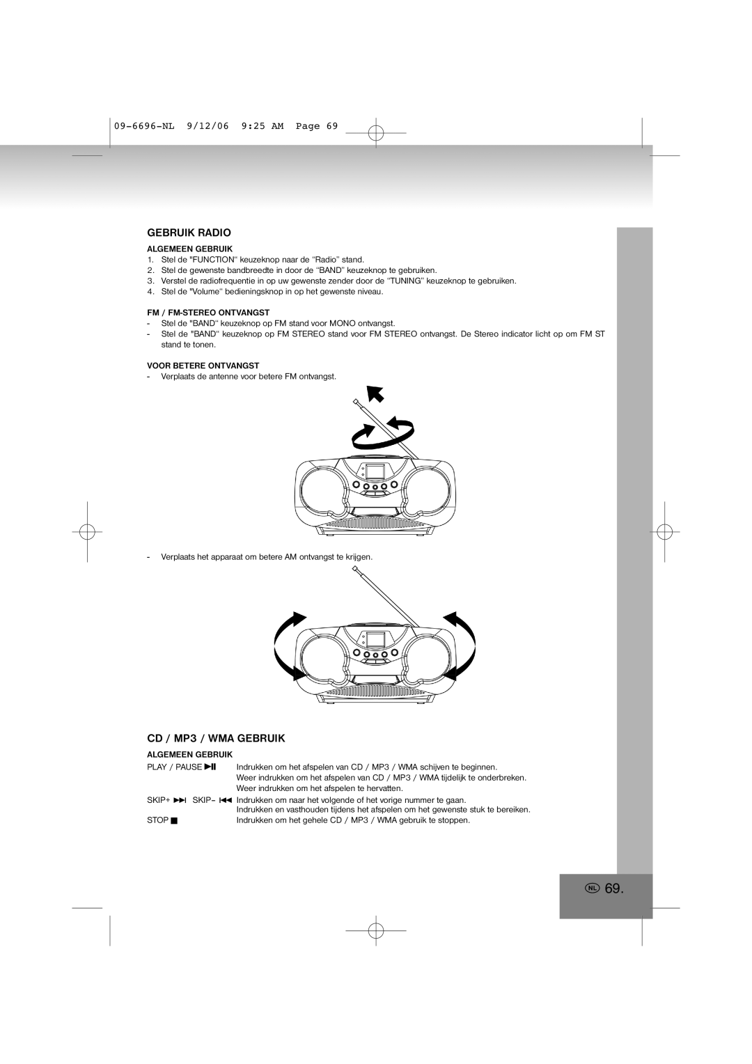 Elta 6696 manual Gebruik Radio, CD / MP3 / WMA Gebruik, Algemeen Gebruik, FM / FM-STEREO Ontvangst, Voor Betere Ontvangst 