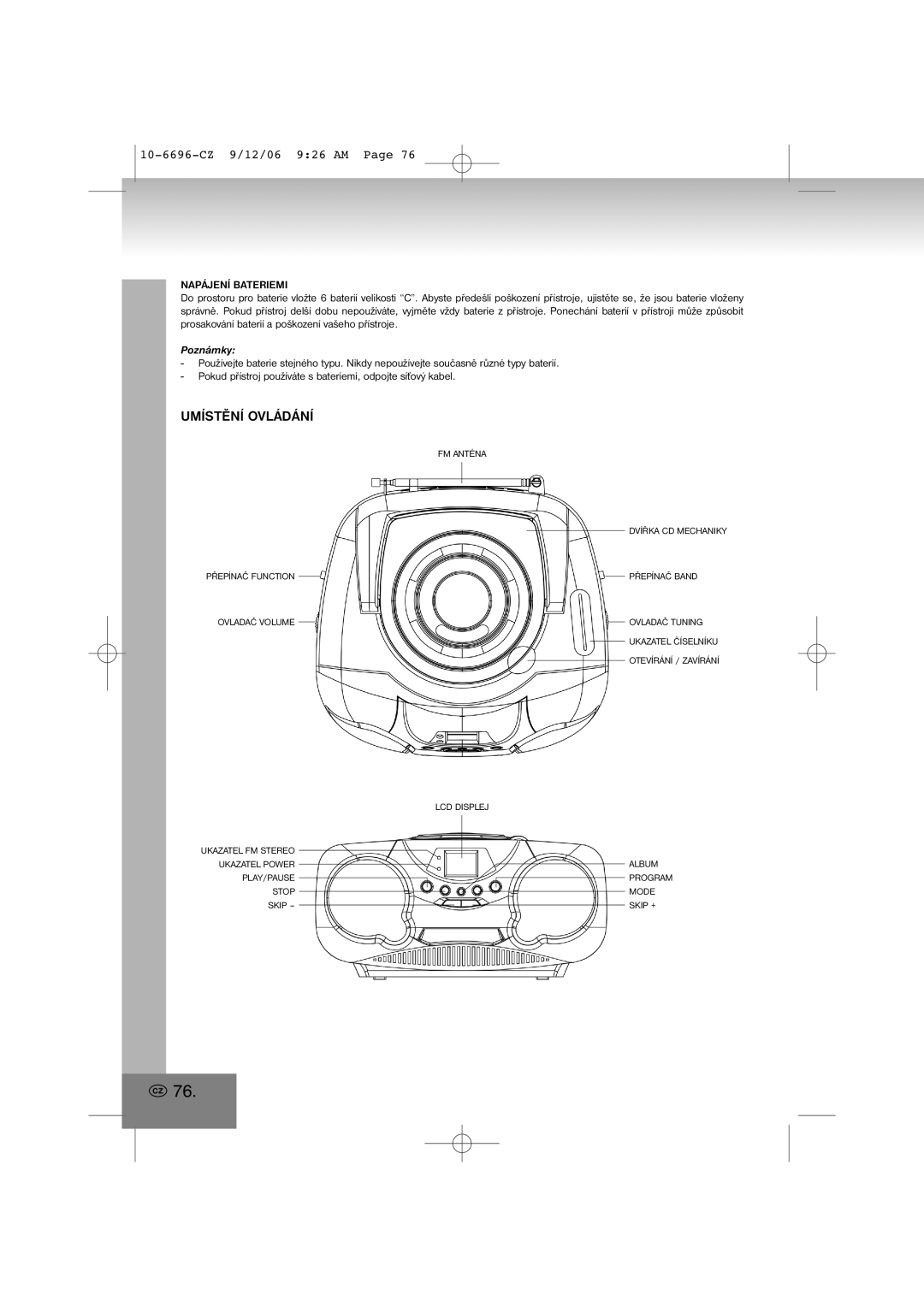 Elta 6696 manual Umístění Ovládání, Napájení Bateriemi 