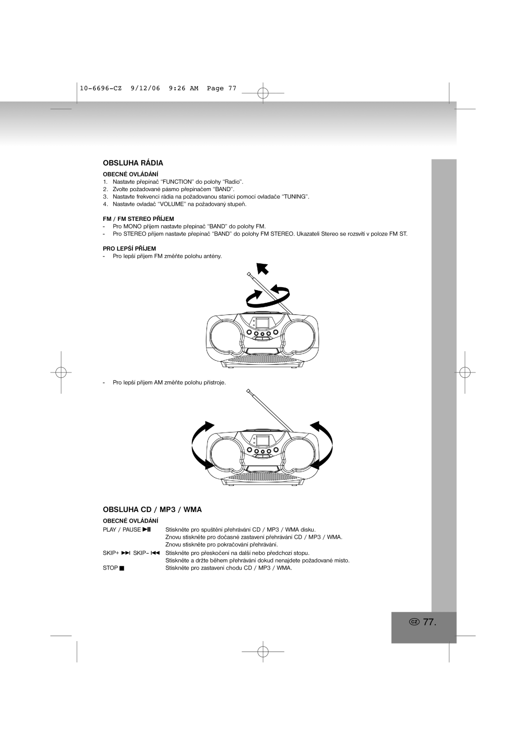 Elta 6696 manual Obsluha Rádia, Obsluha CD / MP3 / WMA, Obecné Ovládání, FM / FM Stereo Příjem, PRO Lepśí Příjem 