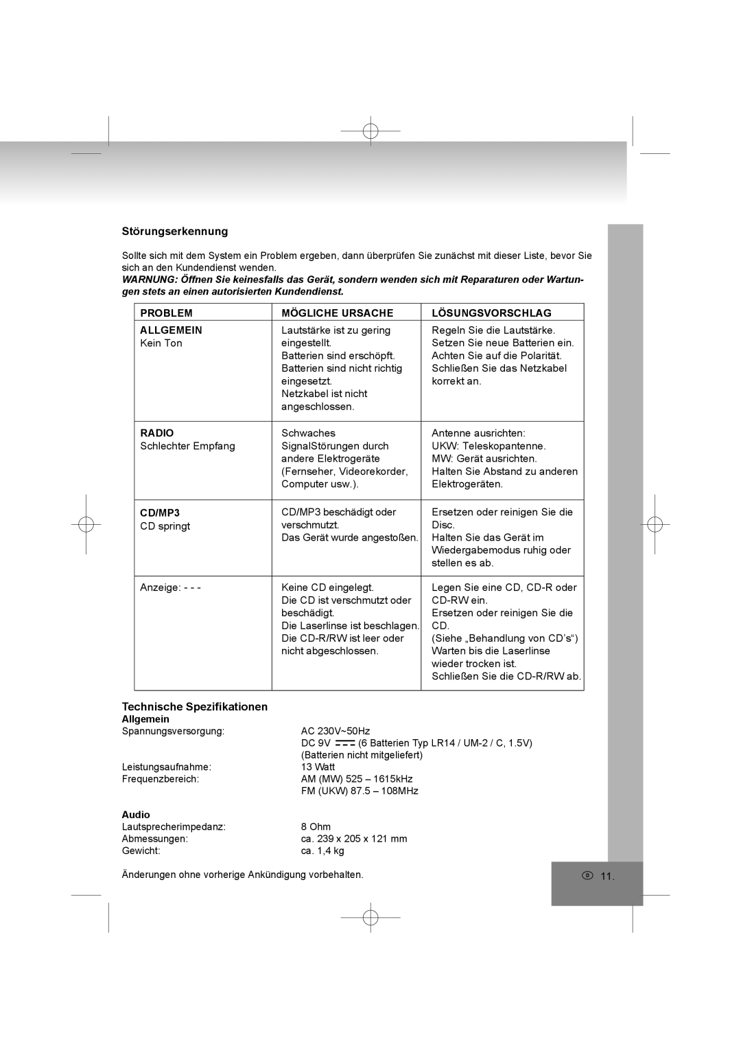 Elta 6698RB Störungserkennung, Technische Spezifikationen, Problem Mögliche Ursache Lösungsvorschlag Allgemein, Radio 