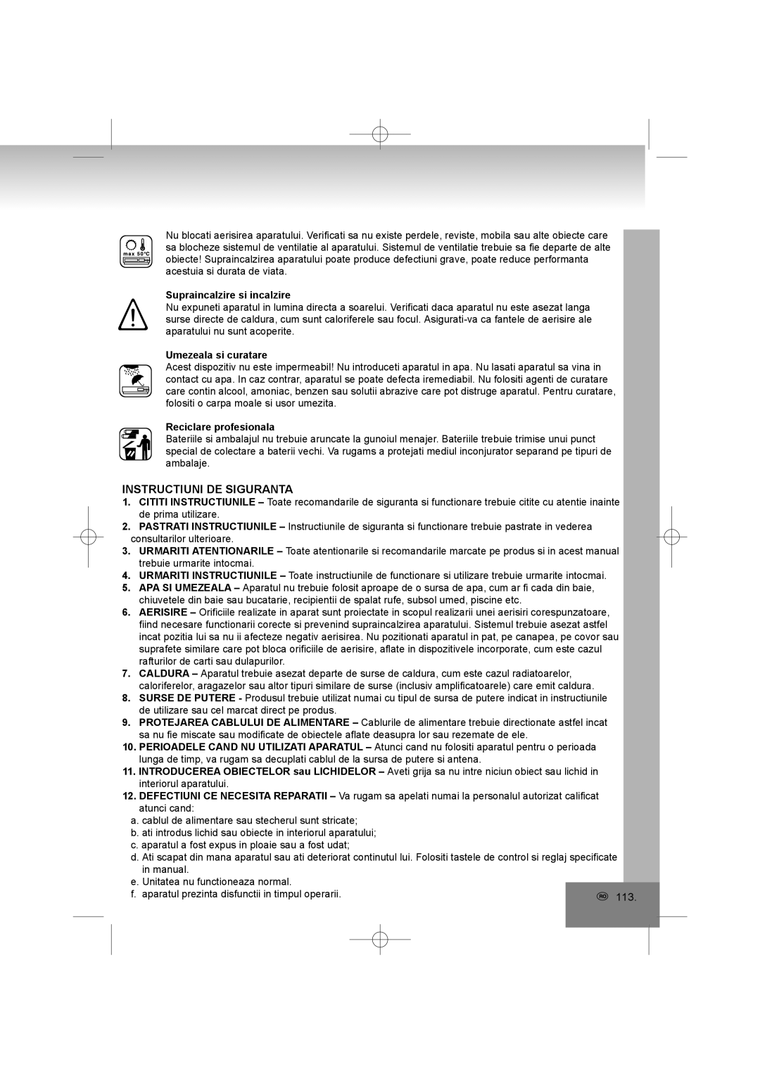 Elta 6698RB manual Instructiuni DE Siguranta, Supraincalzire si incalzire, Umezeala si curatare, Reciclare profesionala 