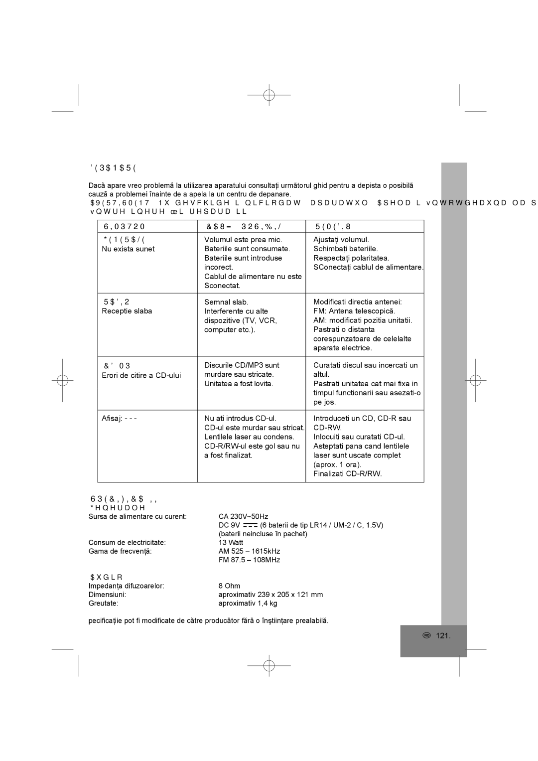 Elta 6698RB manual Depanare, Specificaţii, Simptom Cauză Posibilă Remediu Generale 