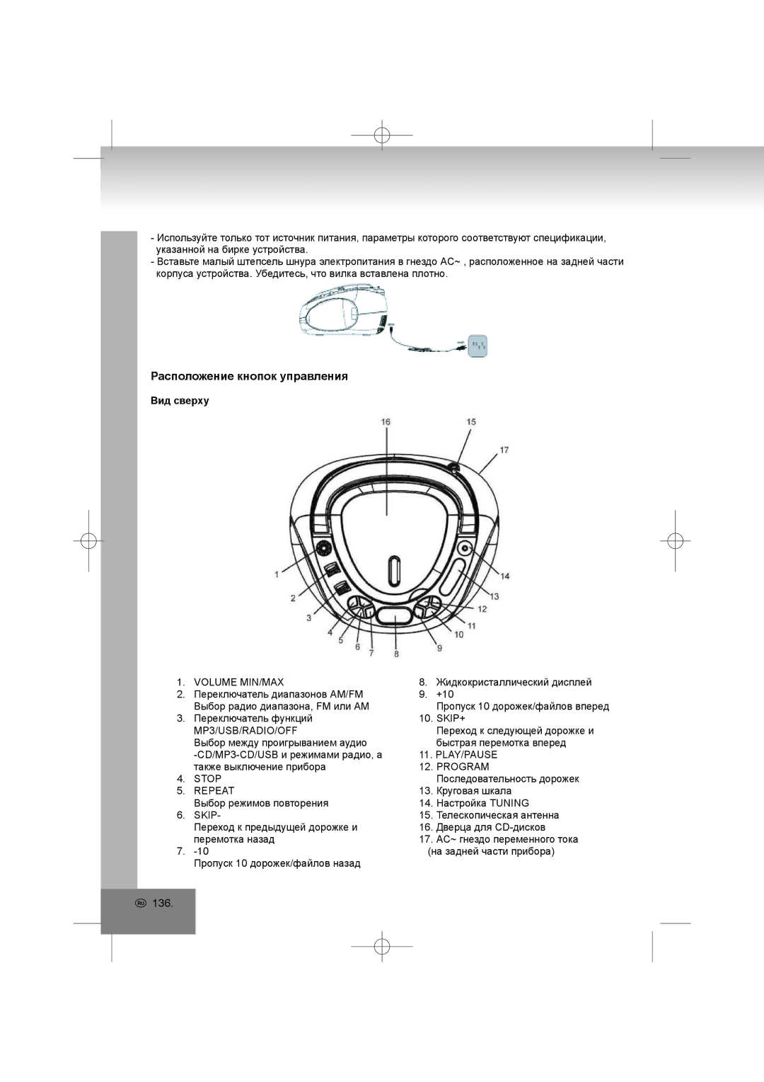 Elta 6698RB manual Расположение кнопок управления, Вид сверху 