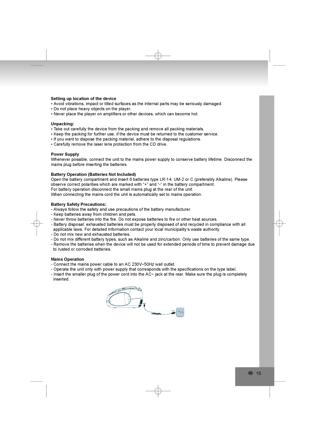 Elta 6698RB manual Setting up location of the device, Unpacking, Power Supply, Battery Operation Batteries Not Included 