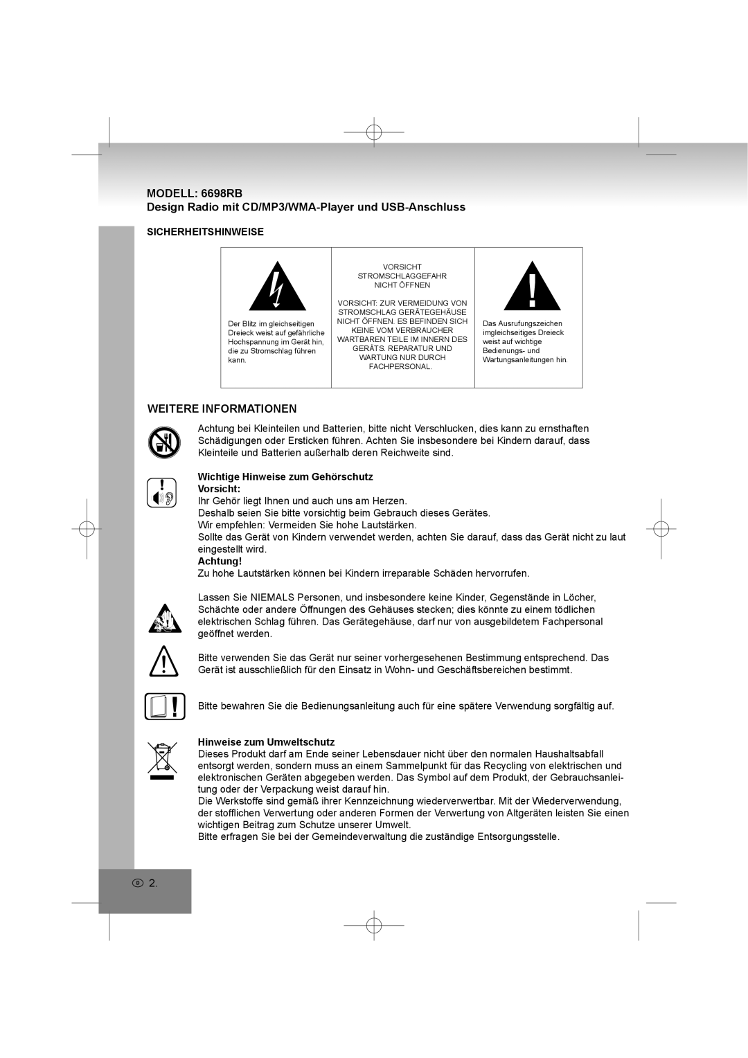 Elta Modell 6698RB, Design Radio mit CD/MP3/WMA-Player und USB-Anschluss, Weitere Informationen, Sicherheitshinweise 