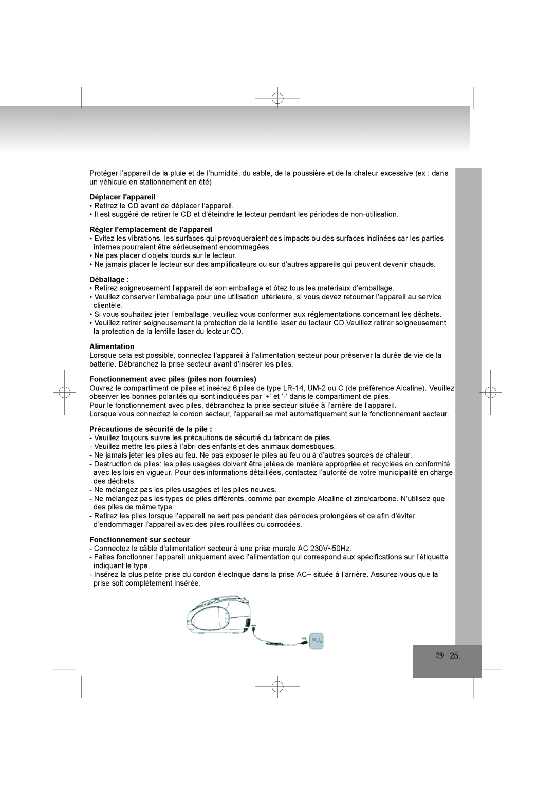 Elta 6698RB Déplacer lappareil, Régler l’emplacement de l’appareil, Déballage, Alimentation, Fonctionnement sur secteur 