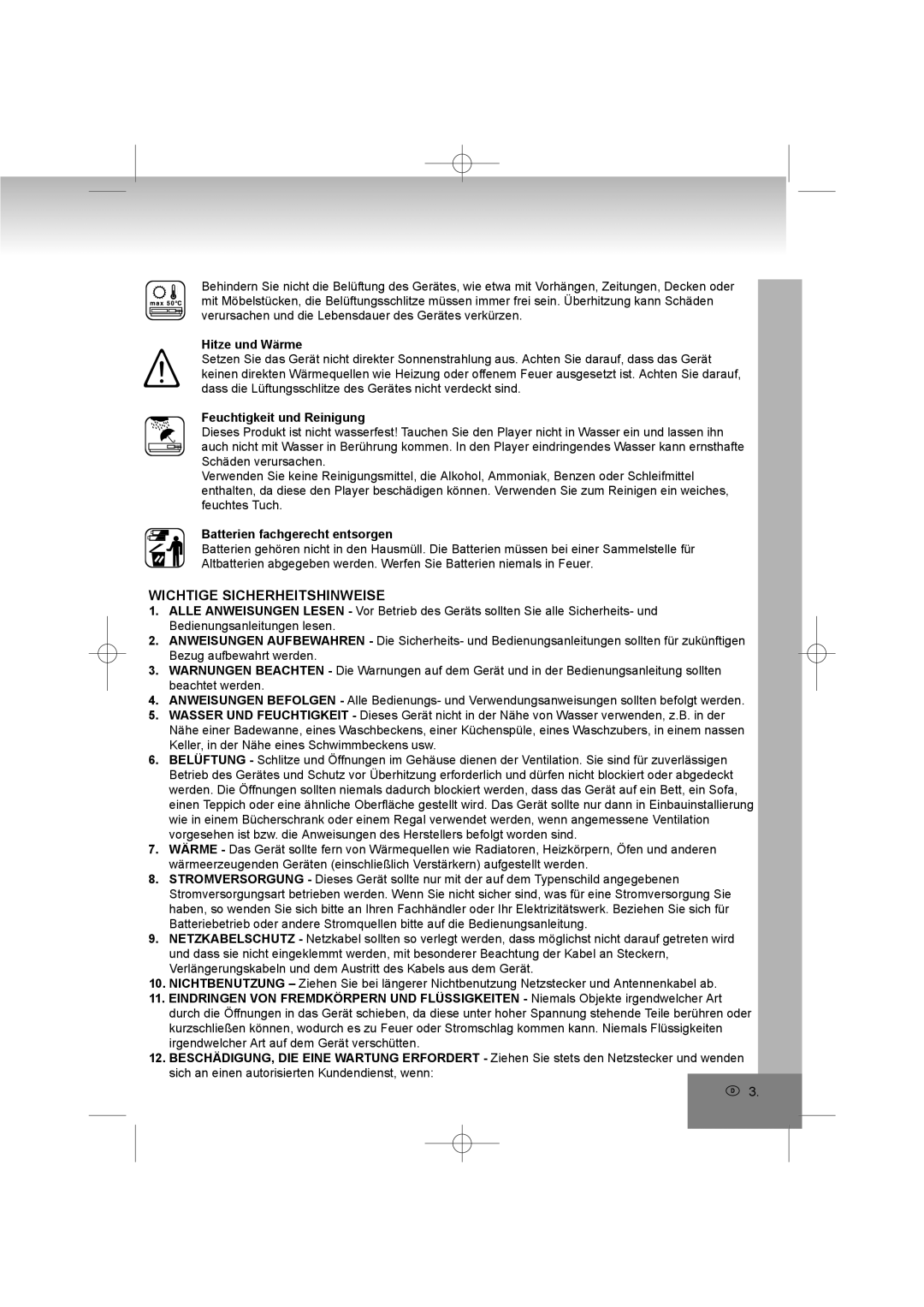 Elta 6698RB Wichtige Sicherheitshinweise, Hitze und Wärme, Feuchtigkeit und Reinigung, Batterien fachgerecht entsorgen 