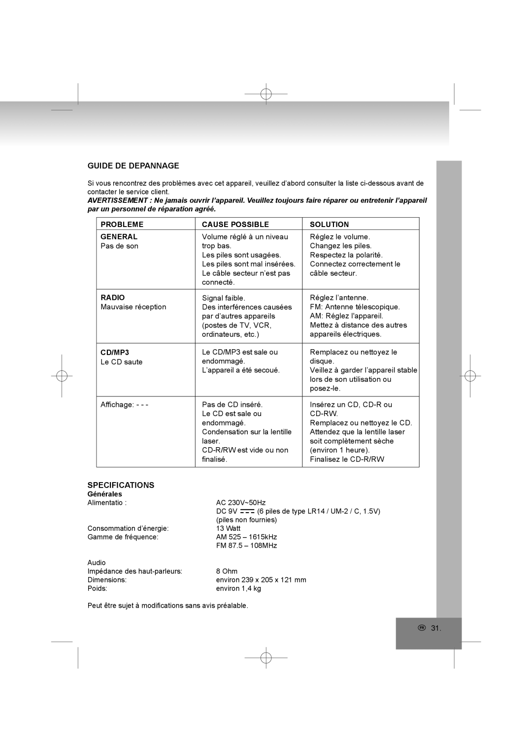 Elta 6698RB manual Guide DE Depannage, Probleme Cause Possible Solution General, CD/MP3, Générales 