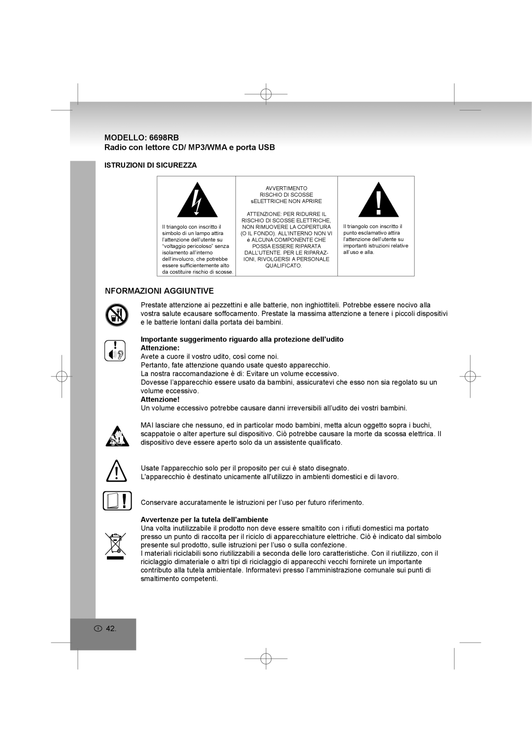 Elta manual Modello 6698RB, Radio con lettore CD/ MP3/WMA e porta USB, Nformazioni Aggiuntive, Istruzioni DI Sicurezza 