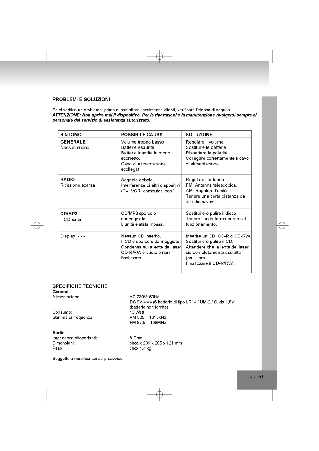 Elta 6698RB Problemi E Soluzioni, Specifiche Tecniche, Sintomo Possibile Causa Soluzione Generale, CD/MP3 Il CD salta 