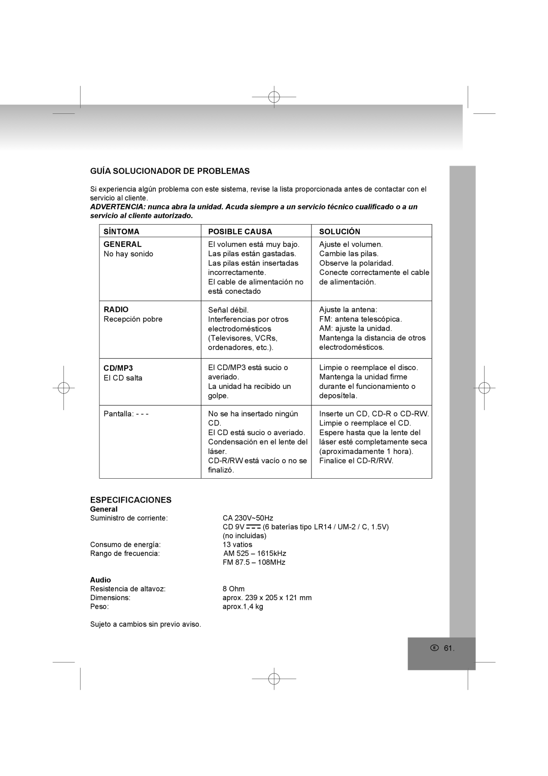 Elta 6698RB Guía Solucionador DE Problemas, Especificaciones, Síntoma Posible Causa General, Solución, CD/MP3 El CD salta 