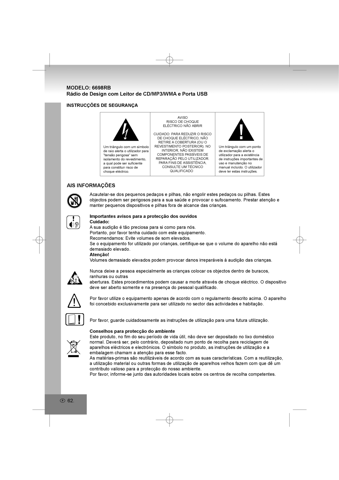 Elta 6698RB manual Rádio de Design com Leitor de CD/MP3/WMA e Porta USB, AIS Informações, Instrucções DE Segurança 