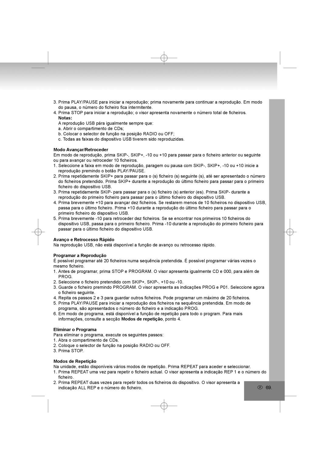 Elta 6698RB manual Modo Avançar/Retroceder, Avanço e Retrocesso Rápido, Programar a Reprodução, Eliminar o Programa 