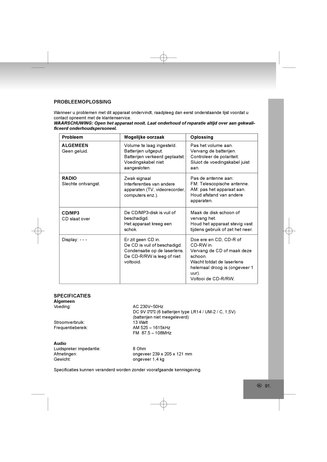 Elta 6698RB manual Probleemoplossing, Specificaties, Algemeen 