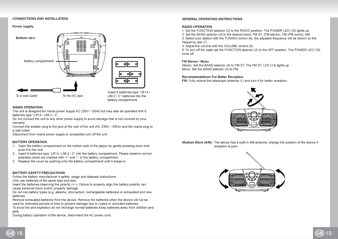 Elta 6699 General Operating Instructions Radio Operation, Mains Operation, Battery Operation, Battery Safety Precautions 