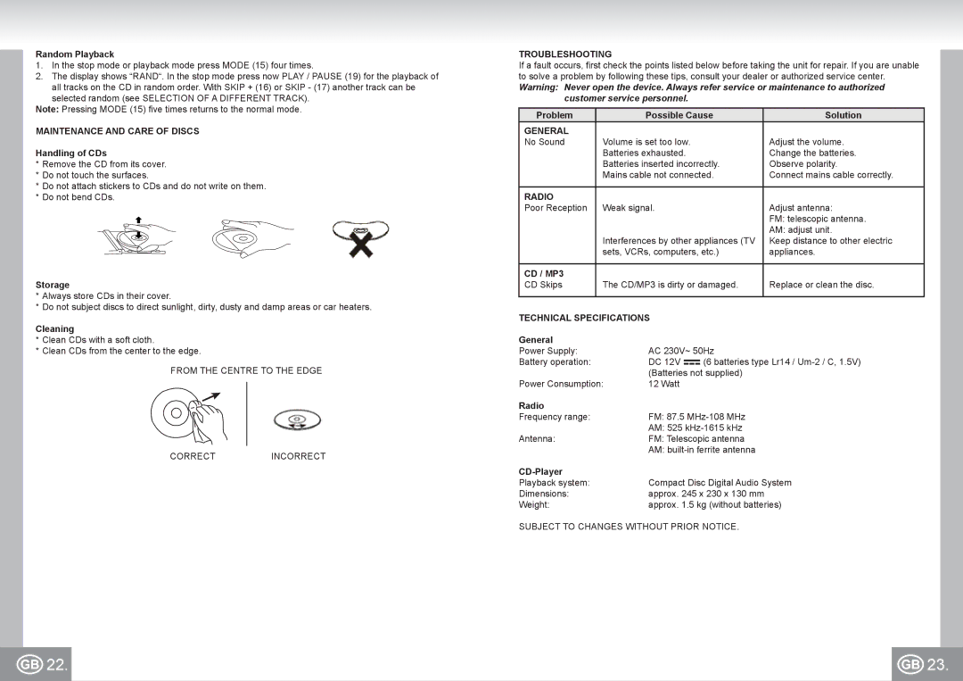 Elta 6699 manual Maintenance and Care of Discs, Troubleshooting, General, Technical Specifications 