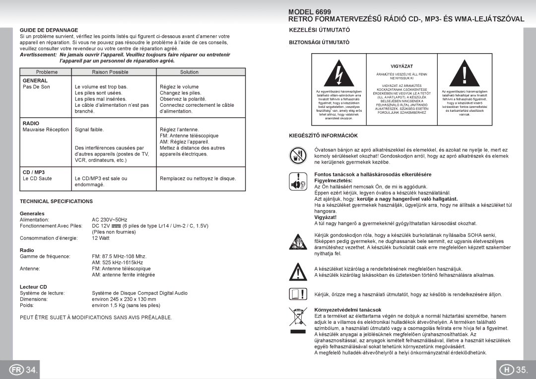 Elta 6699 manual Retro Formatervezésű Rádió CD-, MP3- ÉS WMA-LEJÁTSZÓVAL, Kezelési Útmutató, Guide DE Depannage 