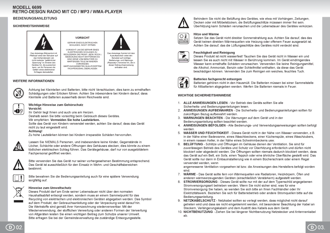 Elta 6699 manual Modell RETRO-DESIGN Radio MIT CD / MP3 / WMA-PLAYER, Bedienungsanleitung, Sicherheitshinweise 