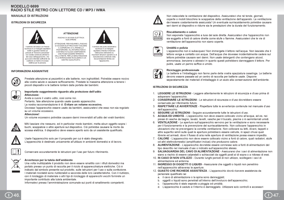 Elta 6699 manual Modello Radio Stile Retro CON Lettore CD / MP3 / WMA, Manuale DI Istruzioni, Istruzioni DI Sicurezza 