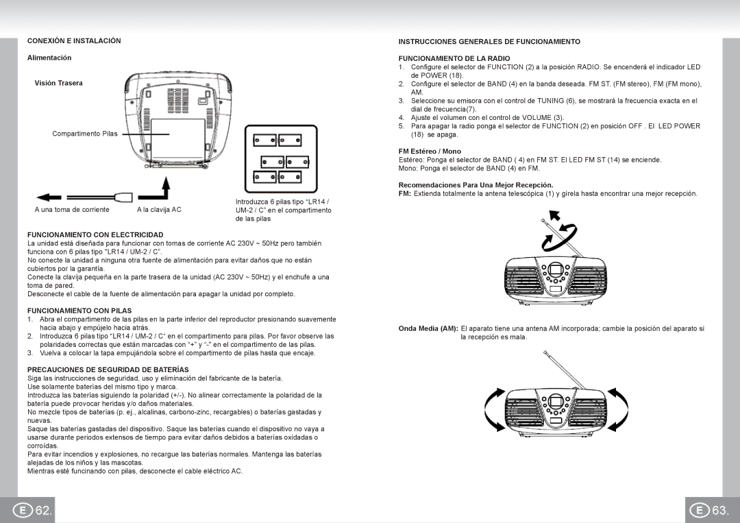 Elta 6699 manual Conexión E Instalación, Funcionamiento CON Electricidad, Funcionamiento CON Pilas 