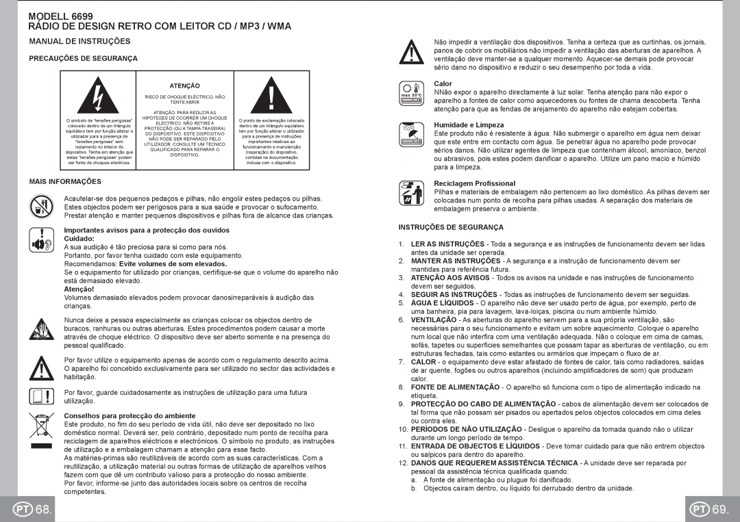 Elta 6699 manual Modell Rádio DE Design Retro COM Leitor CD / MP3 / WMA, Manual DE Instruções, Precauções DE Segurança 