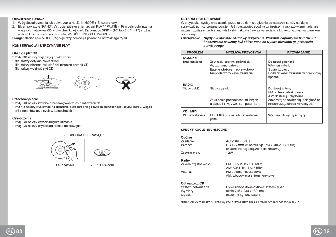 Elta 6699 manual Konserwacja I Utrzymanie Płyt, Usterki I ICH Usuwanie, Problem Możliwa Przyczyna Rozwiązanie Ogólne 