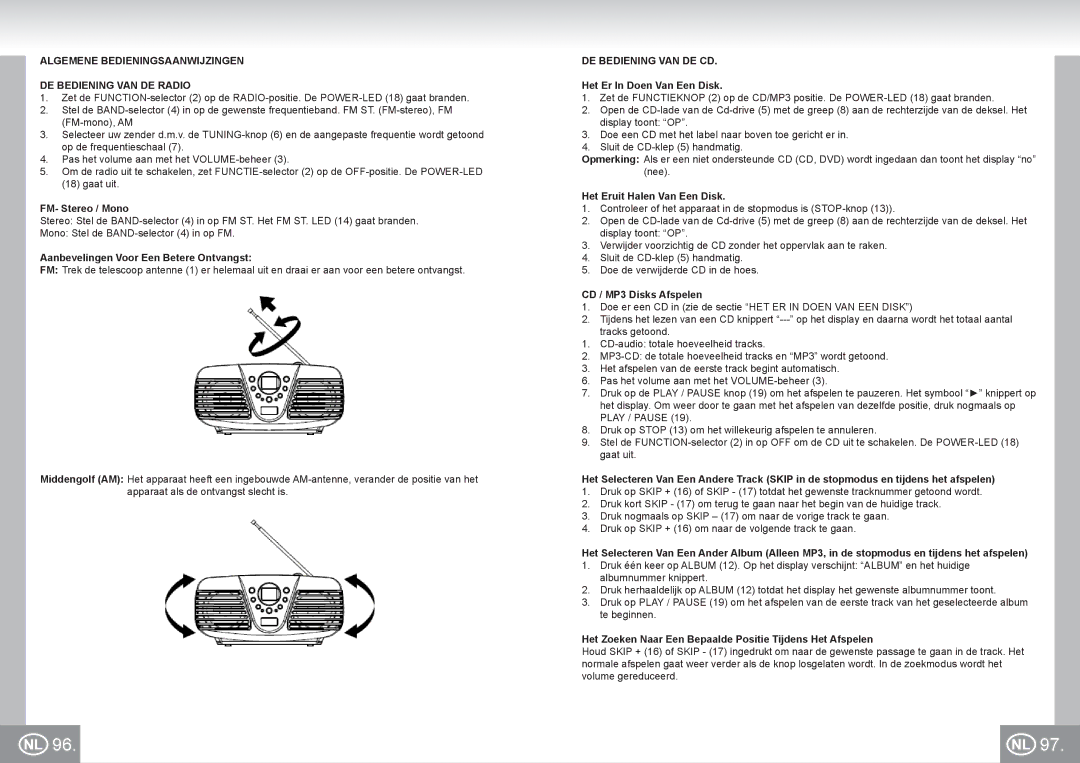 Elta 6699 manual Algemene Bedieningsaanwijzingen DE Bediening VAN DE Radio, DE Bediening VAN DE CD 