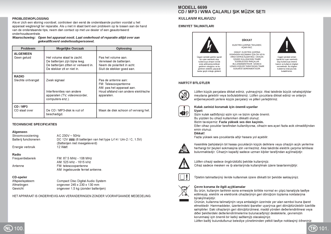 Elta 6699 manual 100 101, Modell CD / MP3 / WMA Çalarli ŞIK Müzik Seti, Kullanim Kilavuzu 