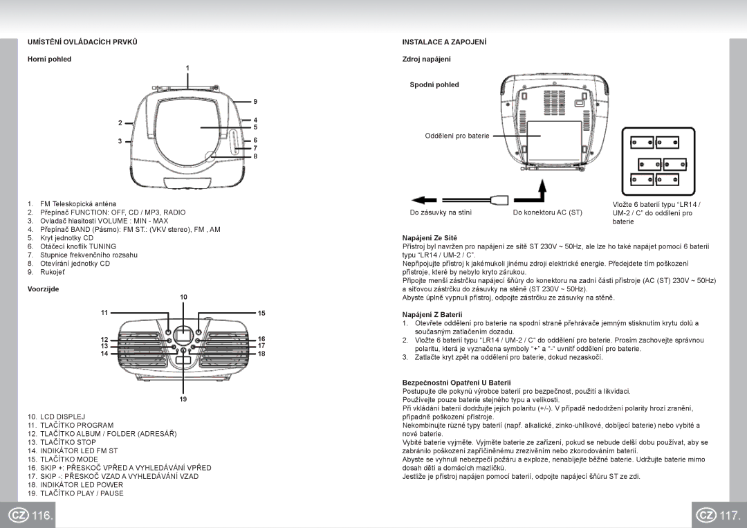 Elta 6699 manual 116 117, Umístění Ovládacích Prvků, Instalace a Zapojení 