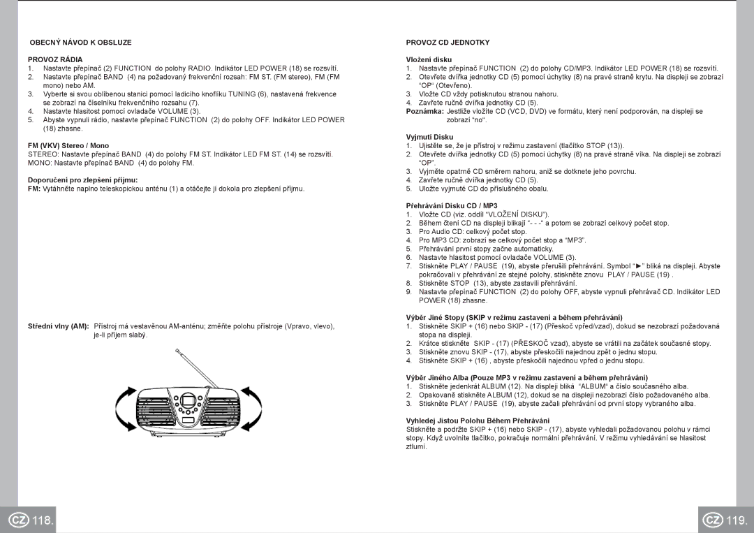 Elta 6699 manual 118 119, Obecný Návod K Obsluze Provoz Rádia, Provoz CD Jednotky 