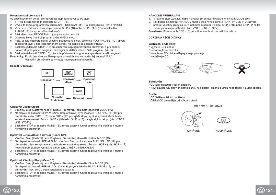 Elta 6699 manual 120 121, Náhodné Přehrávání, Údržba a Péče O Disky 