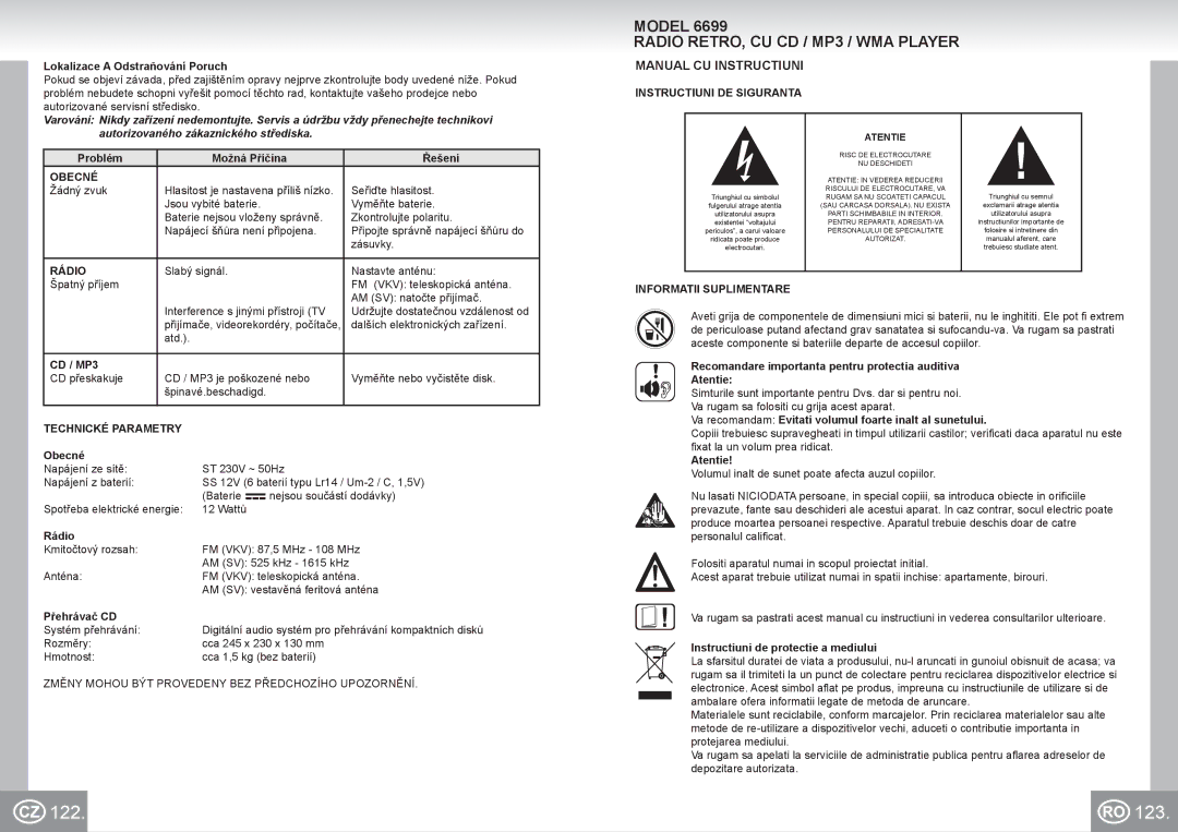 Elta 6699 manual 122 123, Radio RETRO, CU CD / MP3 / WMA Player, Manual CU Instructiuni 