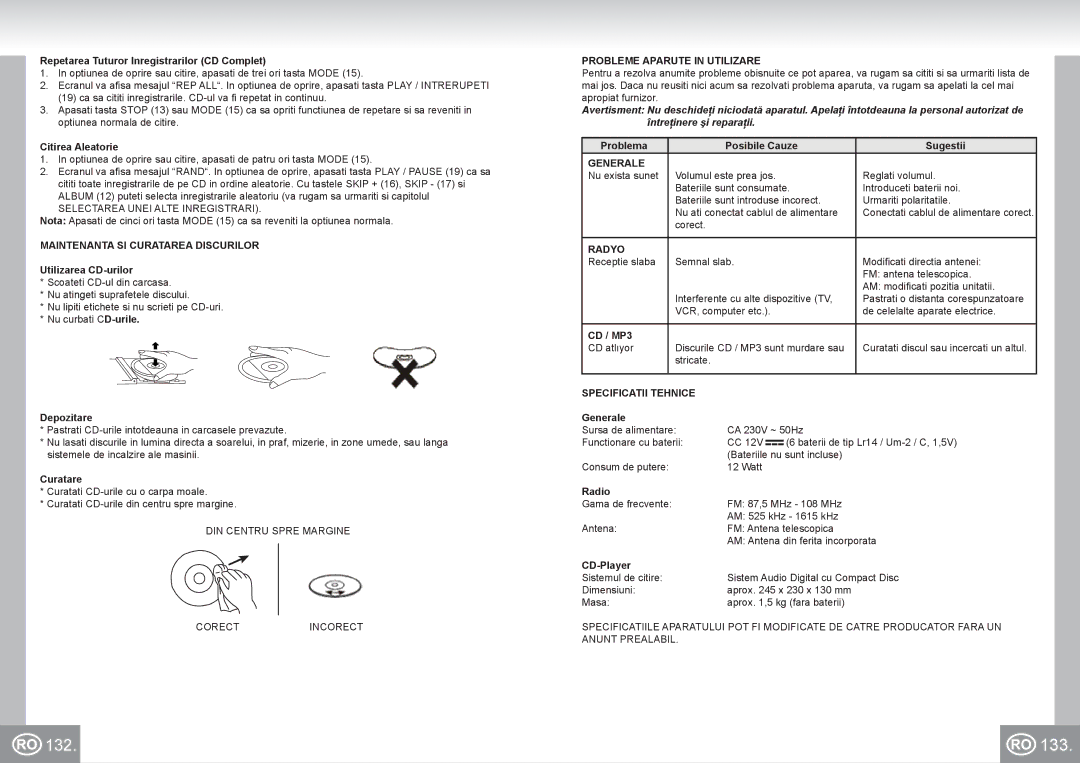 Elta 6699 manual 133, Maintenanta SI Curatarea Discurilor, Probleme Aparute in Utilizare, Specificatii Tehnice 