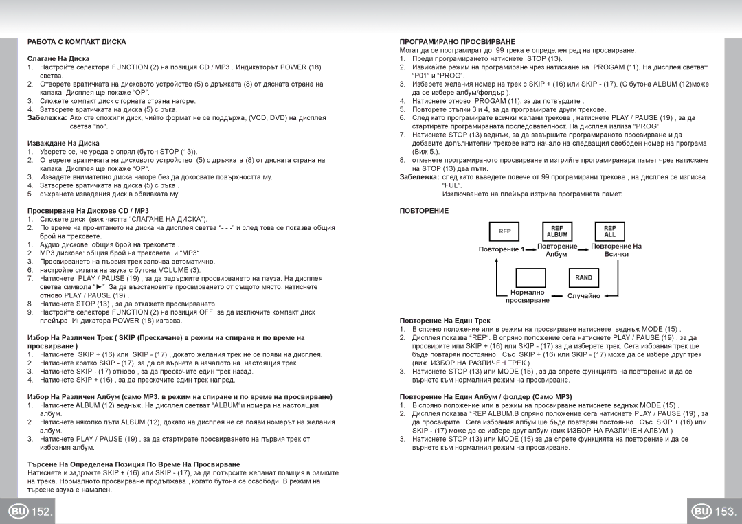 Elta 6699 manual 153, Работа С Компакт Диска, Програмирано Просвирване, Повторение 