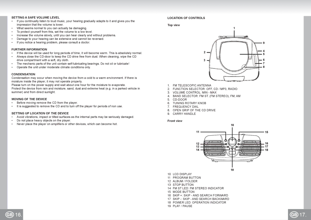 Elta 6699 manual Setting a Safe Volume Level, Condensation, Moving of the Device, Setting UP Location of the Device 